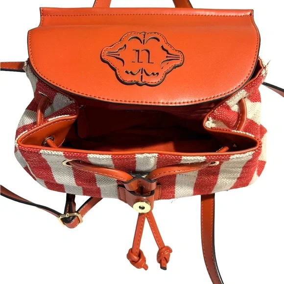 Nanette Lepore Linen Vegan Leather Backpack Red White Classic Preppy Academia - Picture 2 of 6